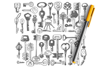 Wall Mural - Keys doodle set. Collection of different shape small key for opening door locks isolated on white background. Decorative vintage old design switches and home security illustration.