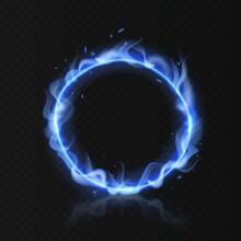 Blue Fire Ring. Realistic Burning Circle. Round Fiery Shape With Hole On Black Background. Magical Energy And Ignite Gas In Burner. Firing Hoop For Circus Trick Vector Flame Illustration
