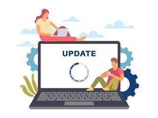 System update. Maintenance process. Man and woman with devices. Loading circle on laptop screen. Renewal software and online services. New program version download, vector web template