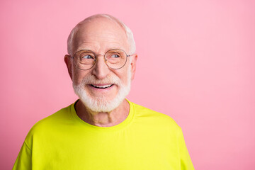 Wall Mural - Close up portrait of handsome person look empty space eyewear lime outfit isolated on pink color background