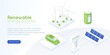 © YummyBuum - Isometric green energy landing page. Distribution alternative renewables electricity sun battery panel and windmill, power supply generation, save environment concept vector banner