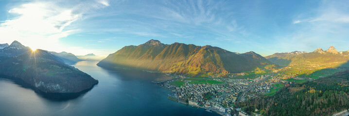 Wall Mural - Panorama of Lake Lucerne and Alps mountains in Switzerland. City of Brunnen. Big Mythen 1898 m above sea level M. and Kleiner Mythen 1811