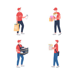 Poster - Delivery courier in mask flat color vector faceless character set. Food, product carrier. Lockdown shipment services isolated cartoon illustration for web graphic design and animation collection