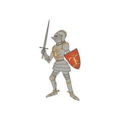 Medieval knight with a sword and shield. Male warrior with armor taking part in a jousting. Swordsman vector illustration in a hand drawn line art style. Chivalry concept.