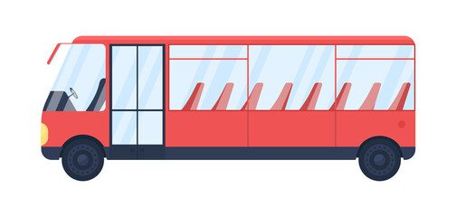 Poster - Red empty bus flat color vector object. Truck for driving passengers. City transit. Town infrastructure. Public transportation isolated cartoon illustration for web graphic design and animation