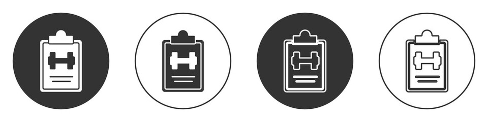 Black Sport training program or fitness plan icon isolated on white background. Circle button. Vector.