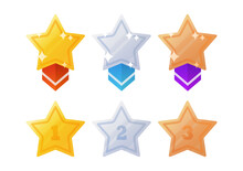 Collection Of Different Star Medal. Medal Icon Set Isolated On White. Gold, Silver And Bronze Badge With Ribbons.
