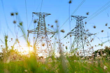 high voltage post.High-voltage tower sky background.