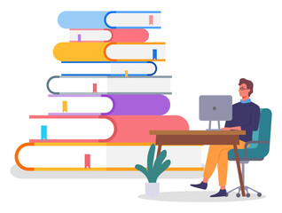 Poster - Online education concept banner with character young man in gldsses siting at a table with computer near stack of books. Distance learning or online library, Bisiness training seminar, e-learning