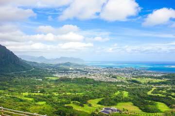 View of Oahu from top of Pali Lookout towards ocean