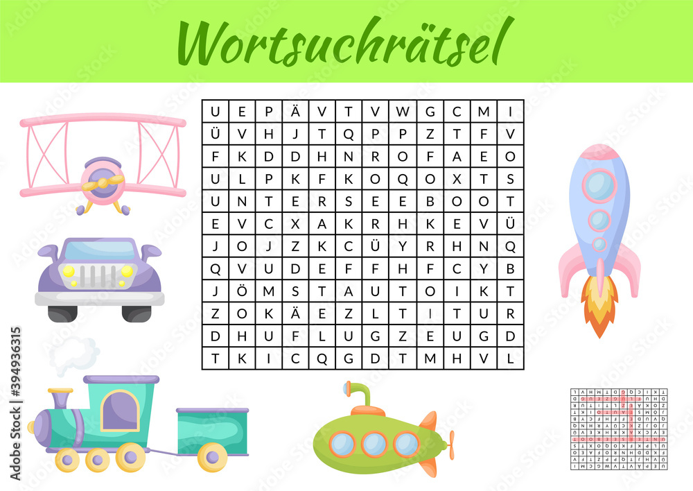 Wortsuchrätsel - Word search puzzle. Kids activity worksheet colorful