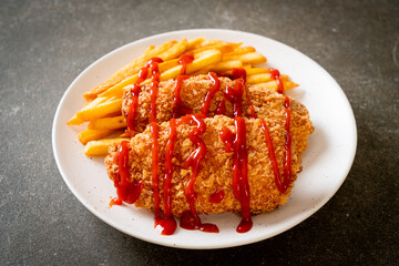 Canvas Print - fried chicken breast fillet steak with french fries