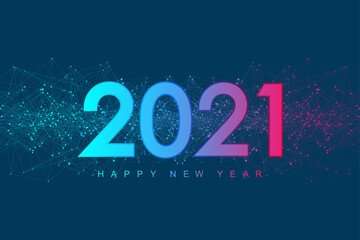 Poster - 2021 Merry Christmas and Happy New Year greeting card, poster, cover. Modern futuristic template for 2021. Digital data visualization. Plexus geometric effect. Vector illustration
