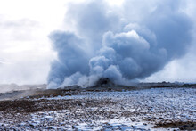 Winter Landscape View Of The Geothermal Region Hverir Near Myvatn Lake In Iceland. A Geothermal Area With Boiling Mud Pools And Steaming Fumaroles Hverir Near Myvatn Lake In Iceland.
