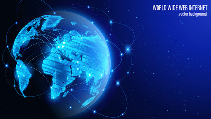 Poster - Vector. Map of the planet. Blue futuristic background. Satellites and rockets in orbit of planet Earth. World map. Social network. Global World Wide Web internet and technology.