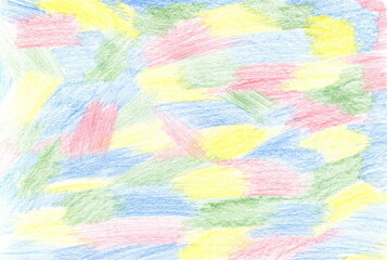 Poster - Abstract background of multicolored random spots drawn with colored pencils. A hand-drawn background with patches of yellow, green, blue, and red.