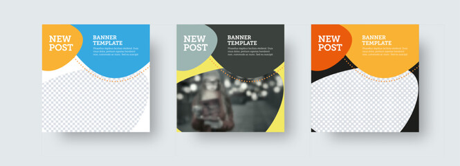 Poster - Set of vector square new post with colorful geometric design presentation on white, black background.