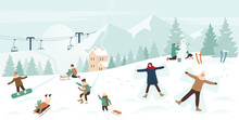 People Enjoy Winter Sports On Christmas Holidays In Snow Mountain Landscape Vector Illustration. Cartoon Family Or Friend Characters Snowboarding Sledding Downhill, Making Snowman Xmas Background