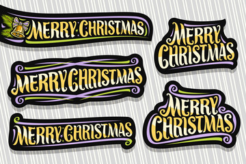 Wall Mural - Vector set for Merry Christmas, 5 dark cut out logos with brush calligraphic font - merry christmas, decorative flourishes, fun gold bell and spruce coniferous branches on gay striped background.