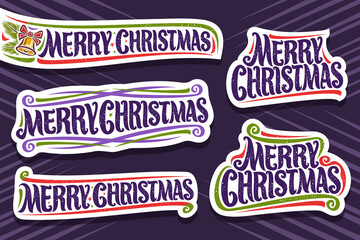 Wall Mural - Vector set for Merry Christmas, 5 cut paper logos with brush calligraphic font - merry christmas, decorative flourishes, fun gold bell and spruce coniferous branches on purple abstract background.