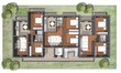 3D architectural plan perspective of three apartment units of two bedrooms with shadows. Materials, furniture and surrounding landscape added.