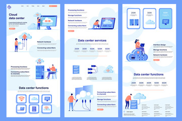 Aufkleber - Cloud data center flat landing page. Database storage, online computing resources corporate website design. Web banner with header, middle content, footer. Vector illustration with people characters.