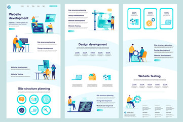 Fototapete - Website development flat landing page. Full stack engineering, construct and testing corporate website design. Web banner with header, middle content, footer. Vector illustration with people character