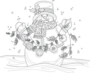 Cartoon snowman in hat and scarf with garland and winter decoration balls sketch template. Christmas vector illustration in black and white for game, decor. Children's story book, coloring paper, page