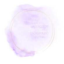 Watercolor Lavender Stain Paint Background With Golden Round Frame. Vector Design.	