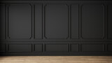 Fototapeta  - Modern classic black empty interior with wall panels and wooden floor. 3d render illustration mock up.