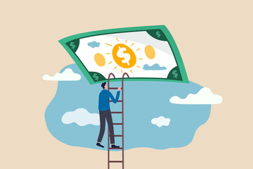 Ladder of success in financial freedom, climbing up to reach saving and investment target concept, confidence businessman climbing ladder high in the sky to get into money dollar banknote heaven.