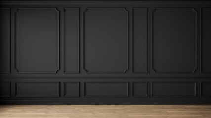Modern classic black empty interior with wall panels and wooden floor. 3d render illustration mock up.