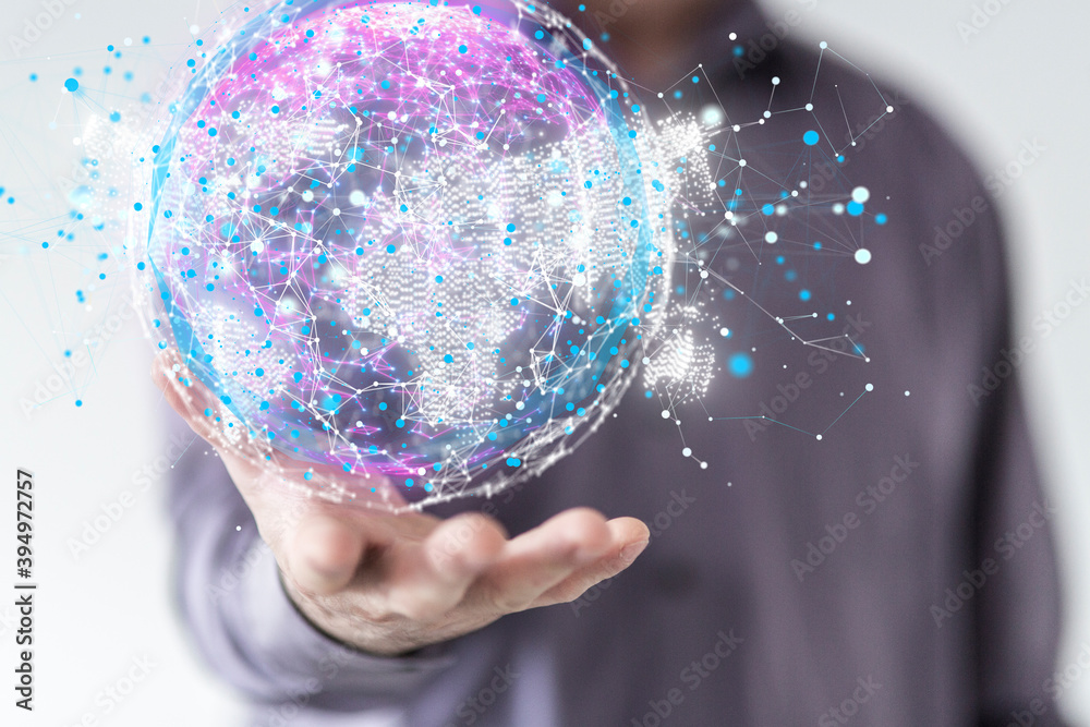 Businessman using data network with his fingers.