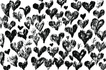 Poster - Grunge texture of drawn hearts. Simple drawing of hearts. Abstract monochrome background. Vector illustration. Overlay template.