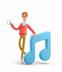 Sticker - 3d illustration. Nerd Larry with large music icon.