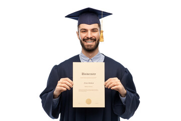 Poster - education, graduation and people concept - happy smiling male graduate student in mortar board and bachelor gown with diploma over grey background