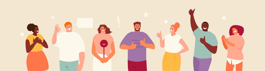 Smiling group people with approving like gestures. Positive feedback vector illustration