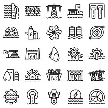 Hydro Power Icons Set. Outline Set Of Hydro Power Vector Icons For Web Design Isolated On White Background