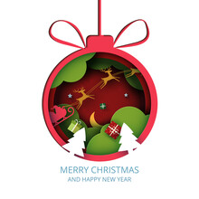 Merry Christmas And Winter Season On Red Background.Red Christmas Ball Decorated With Gift Box And Santa Claus In Sleigh.
