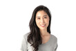 © Avirut S. - Happy cheerful young woman wearing gray t-shirt looking at camera with joyful and charming smile. Portrait of a pretty smiling woman posing isolated on a white background.