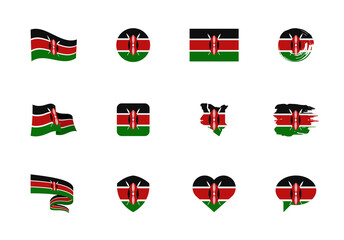 Kenya flag - flat collection. Flags of different shaped twelve flat icons.