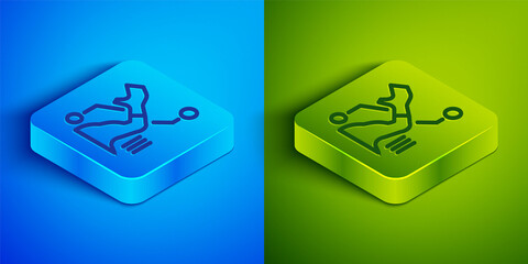 Sticker - Isometric line Prosthesis hand icon isolated on blue and green background. Futuristic concept of bionic arm, robotic mechanical hand. Square button. Vector.