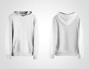 White hoodie template, front and back view, mens sportswear, for design presentation, print.