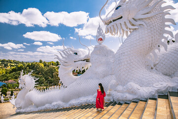 Wat Huay Pla Kang, white big buddha and dragons in Chiang Rai, Chiang Mai province, Thailand