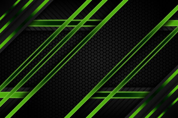 Poster - Abstract geometric background template use green color gradient combined with dark grey and black gradient. hexagon and diagonal line pattern element. paper cut style use horizontal layout. 