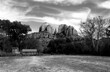 Cathedral Rock with Swirly High Clouds over Red Rock Crossing in Sedona Arizona USA in Black and White Film