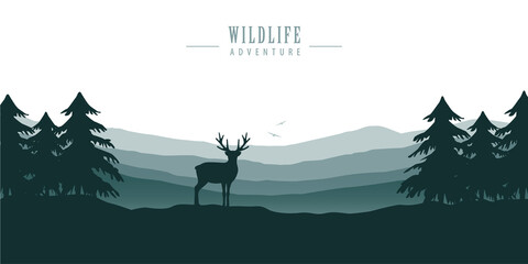 Wall Mural - wildlife deer in forest with mountain view blue nature landscape vector illustration EPS10