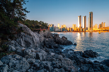 Wall Mural - Haeundae beach and Dongbaekseom island at sunset in Busan, Korea