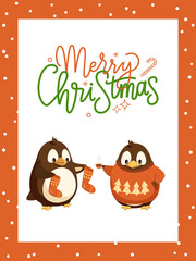 Wall Mural - Merry Christmas card, penguin in knitwear with coffee cup. Arctic birds in sweater and socks, energetic drinks. Xmas holiday celebration, animals vector