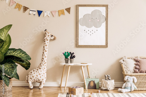 Fotomural Stylish scandinavian kid room with mock up poster, toys, teddy bear, plush animal, natural pouf and children accessories
